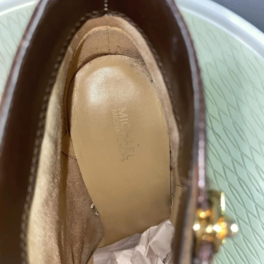 MICHAEL KORS Women Leather Deep Brown Ankle Boot 3.5 inch Heel Gold Hardware 10M